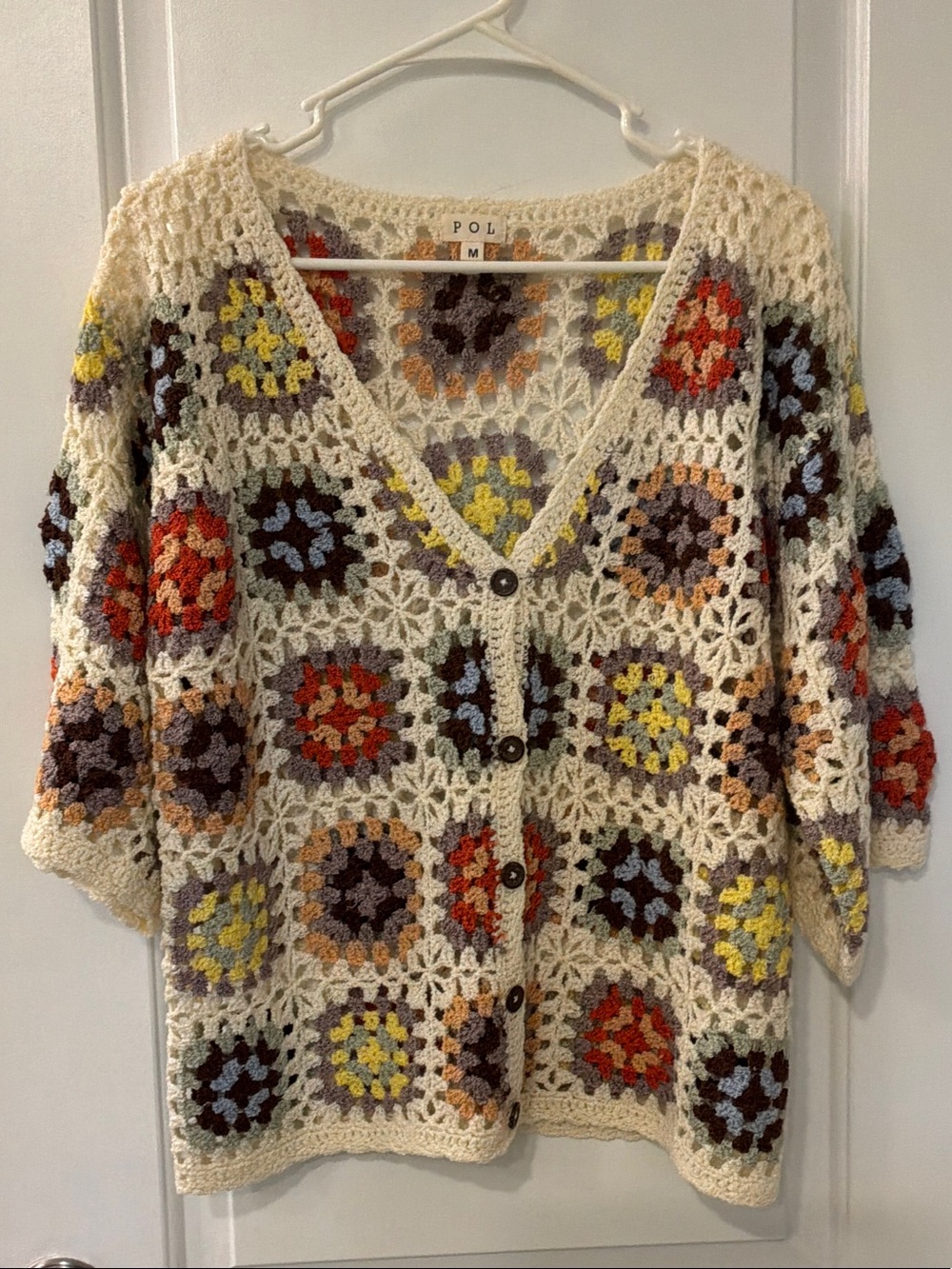POL Crochet Granny-Square Cardigan in Cream with Colorful Accents